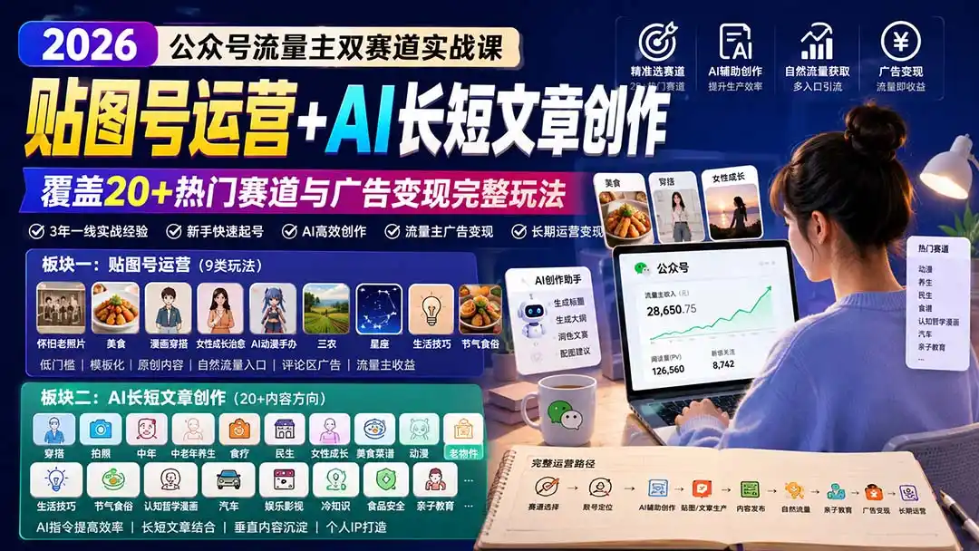 公众号流量主双赛道实战课:贴图号运营+AI长短文章创作,覆盖20+热门赛道与广告变现完整玩法-初创源码资源站