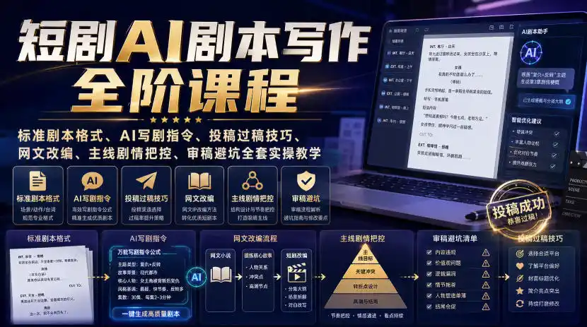 初创源码资源站 短剧AI剧本写作全阶课程|标准剧本格式AI写剧指令投稿过稿技巧网文改编主线剧情把控审稿避坑全套实操教学
