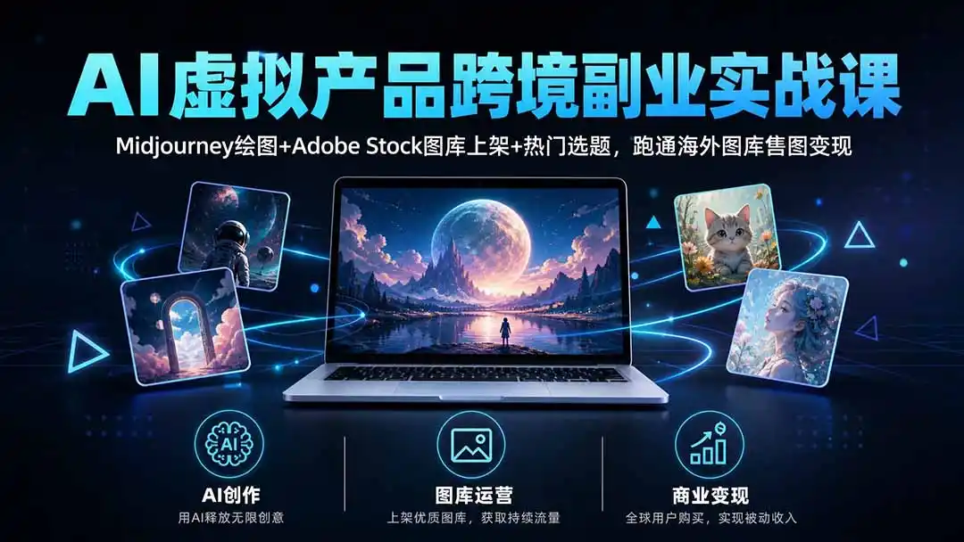 AI虚拟产品跨境副业实战课｜Midjourney绘图+Adobe Stock图库上架+热门选题，跑通海外图库售图变现-初创源码资源站