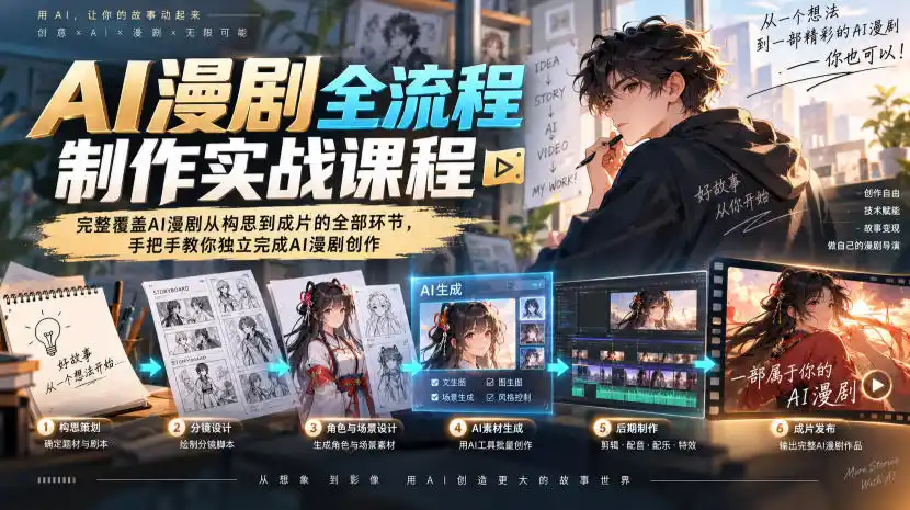 AI漫剧全流程制作实战课程，完整覆盖AI漫剧从构思到成片的全部环节，手把手教你独立完成AI漫剧创作-初创源码资源站