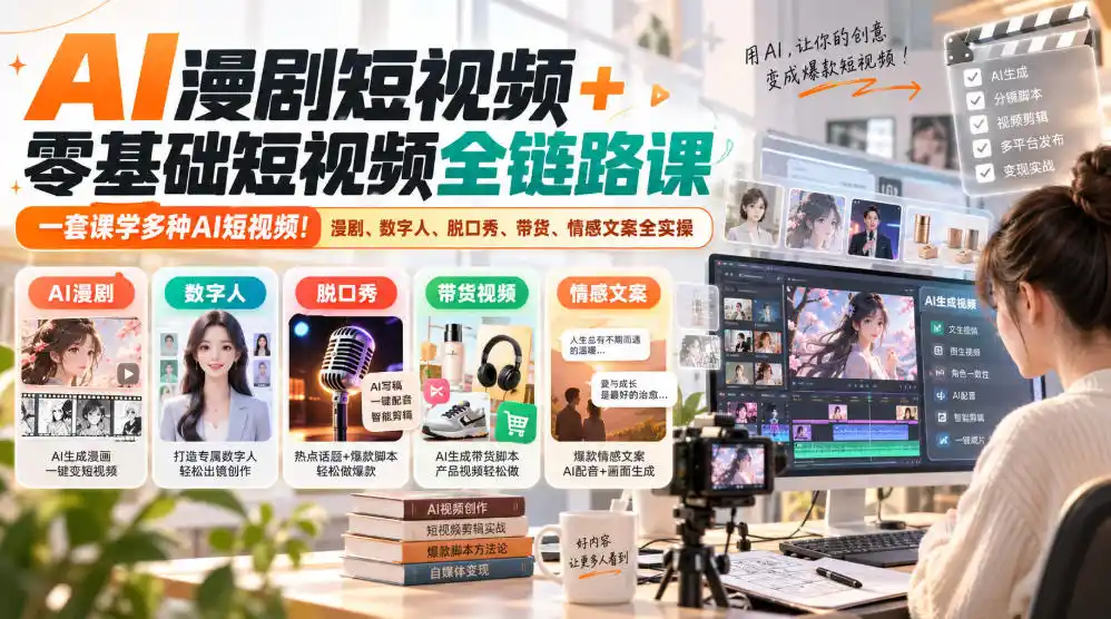 AI漫剧短视频+零基础短视频全链路课，一套课学多种AI短视频！漫剧、数字人、脱口秀、带货、情感文案全实操-初创源码资源站