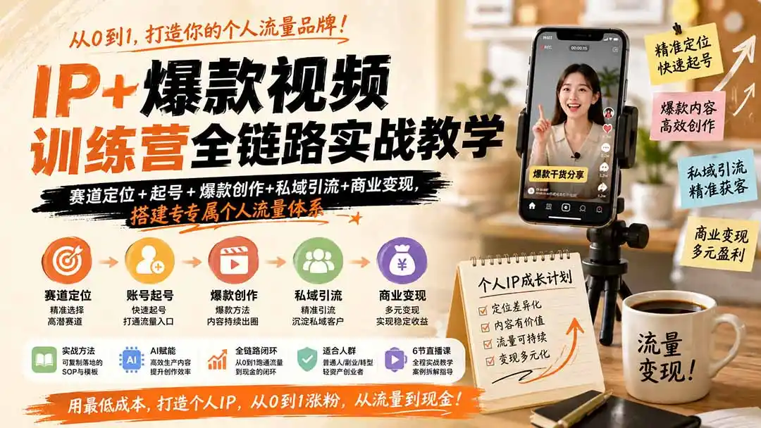 IP+爆款视频训练营全链路实战教学；赛道定位+起号+爆款创作+私域引流+商业变现，搭建专属个人流量体系-初创源码资源站