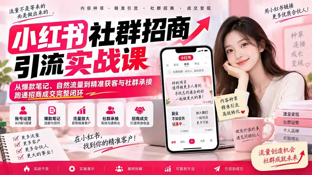 小红书社群招商引流实战课-无水印：从爆款笔记、自然流量到精准获客与社群承接，跑通招商成交完整闭环-初创源码资源站