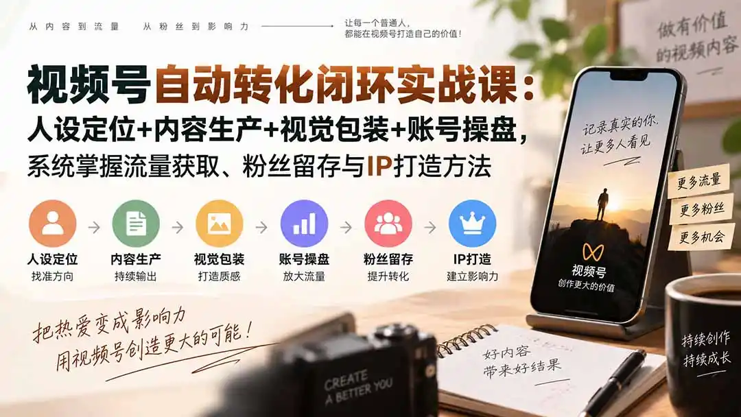 视频号自动转化闭环实战课：人设定位+内容生产+视觉包装+账号操盘，系统掌握流量获取、粉丝留存与IP打造方法-初创源码资源站