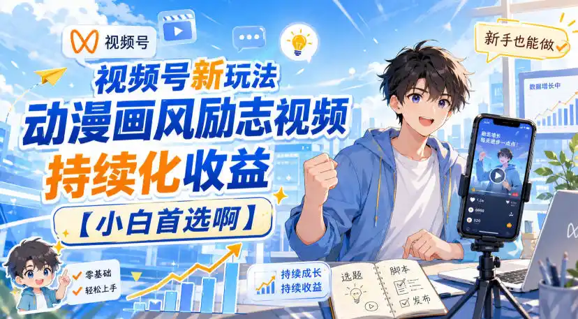 视频号新玩法动漫画风励志视频,持续化收益【小白首选啊】-初创源码资源站