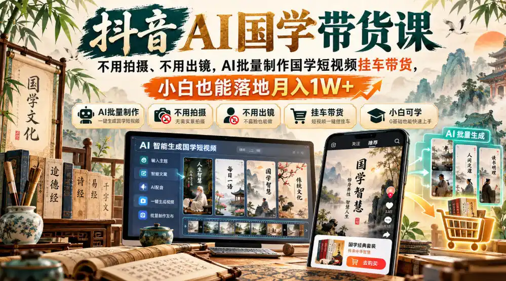 初创源码资源站 抖音AI国学带货课不用拍摄不用出镜AI批量制作国学短视频挂车带货小白也能落地月入1W+