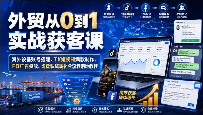 外贸从0到1实战获客课｜海外设备账号搭建、TK短视频爆款制作、FB广告投放、询盘私域转化全流程落地教程-初创源码资源站