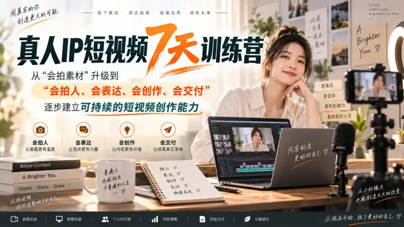 真人IP短视频7天训练营，从“会拍素材”升级到“会拍人、会表达、会创作、会交付”，逐步建立可持续的短视频创作能力-初创源码资源站