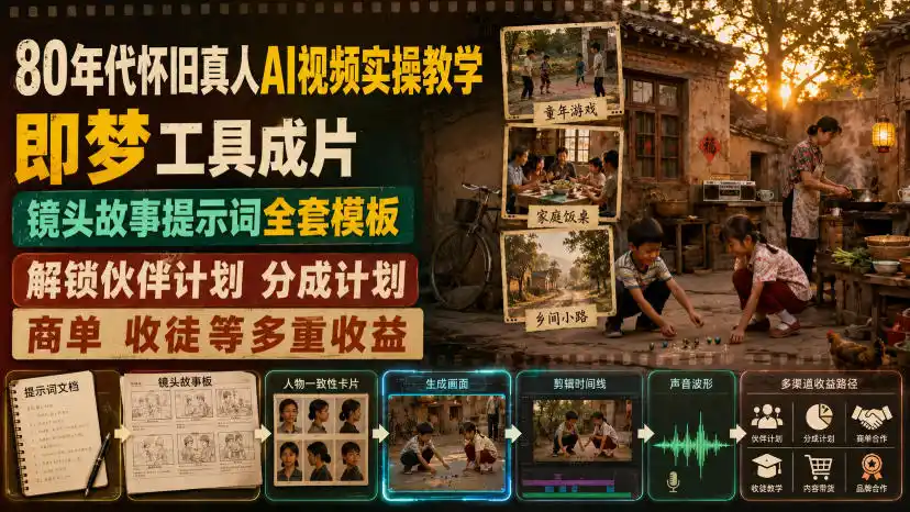 初创源码资源站 80年代怀旧真人AI视频实操教学即梦工具成片镜头故事提示词全套模板解锁伙伴计划分成计划商单收徒等多重收益