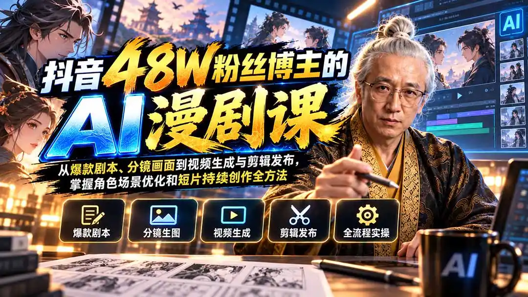 抖音48W粉丝博主的AI漫剧课：从爆款剧本、分镜画面到视频生成与剪辑发布，掌握角色场景优化和短片持续创作全方法-初创源码资源站