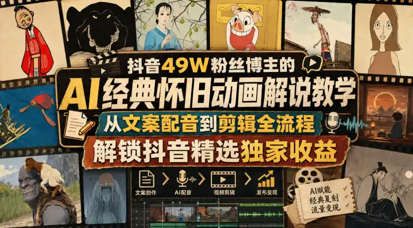 抖音49W粉丝博主的AI经典怀旧动画解说教学,从文案配音到剪辑全流程,解锁抖音精选独家收益-初创源码资源站