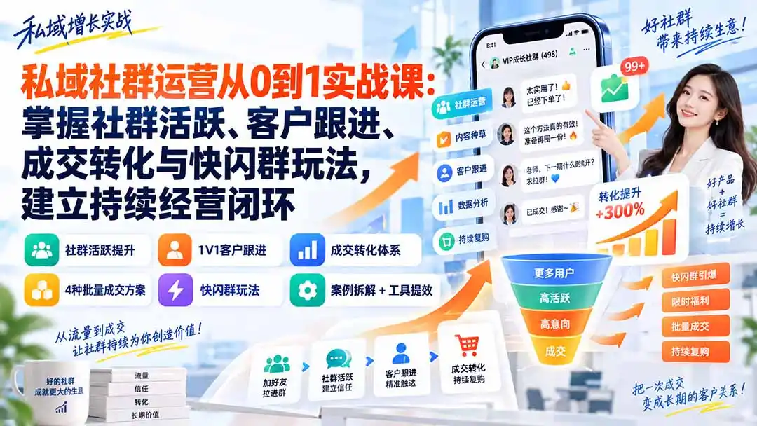 私域社群运营从0到1实战课：掌握社群活跃、客户跟进、成交转化与快闪群玩法，建立持续经营闭环-初创源码资源站