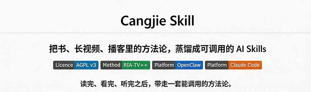 图片[1]-全网走红！GitHub上6.7K Star的开源项目，把任何书、长视频、播客蒸馏成AI工具，值得收藏 cangjie-skill - 初创源码资源站-初创源码资源站