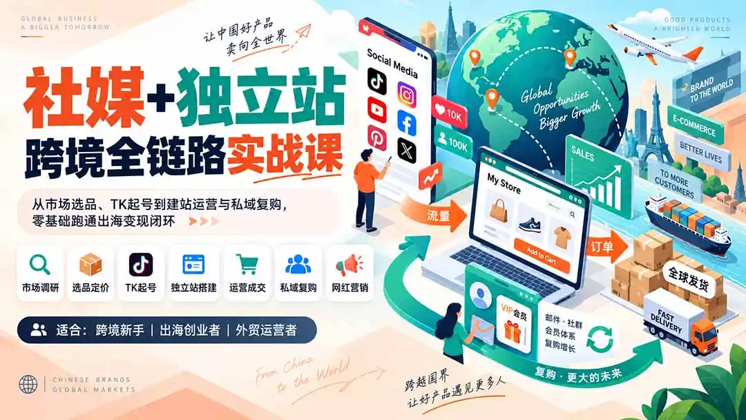 社媒+独立站跨境全链路实战课：从市场选品、TK起号到建站运营与私域复购，零基础跑通出海变现闭环-初创源码资源站
