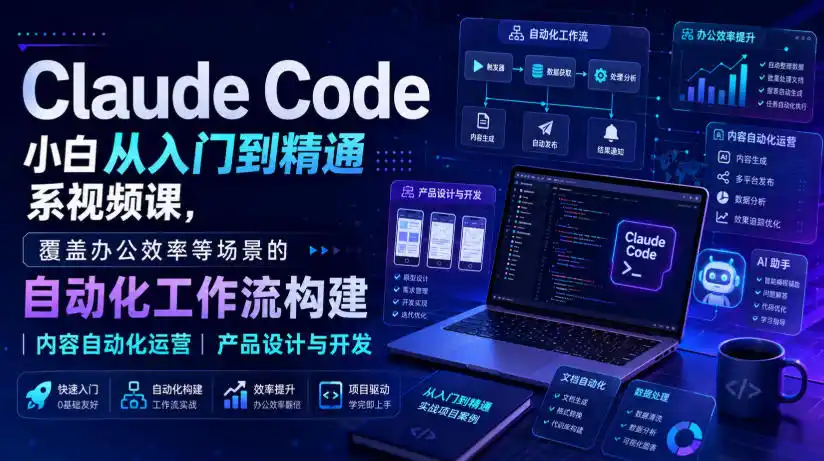 初创源码资源站 Claude Code小白从入门到精通系视频课覆盖办公效率等场景的自动化工作流构建|内容自动化运营|产品设计与开发