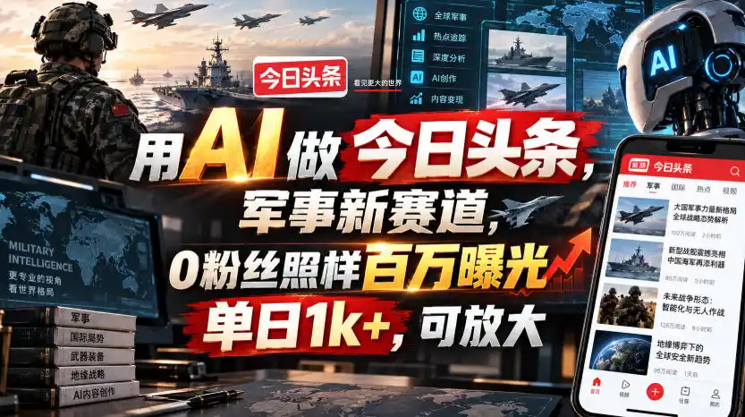 用AI做今日头条，军事新赛道，0粉丝照样百万曝光，单日1k+，可放大-初创源码资源站