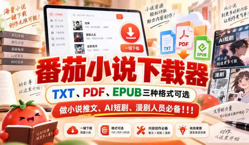 番茄小说下载器，TXT、PDF、EPUB三种格式可选，做小说推文、AI短剧、漫剧人员必备！！！-初创源码资源站