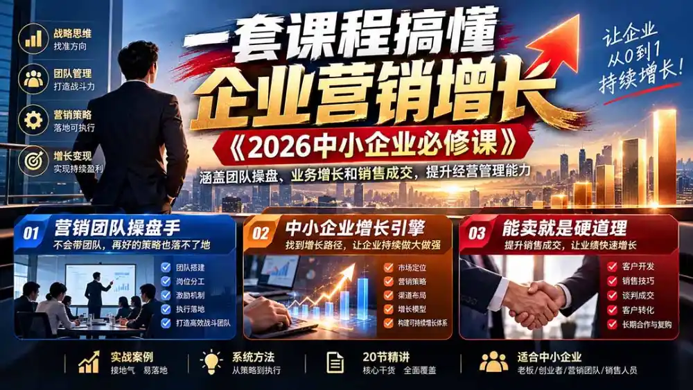 一套课程搞懂企业营销增长《2026中小企业必修课》涵盖团队操盘、业务增长和销售成交，提升经营管理能力-初创源码资源站