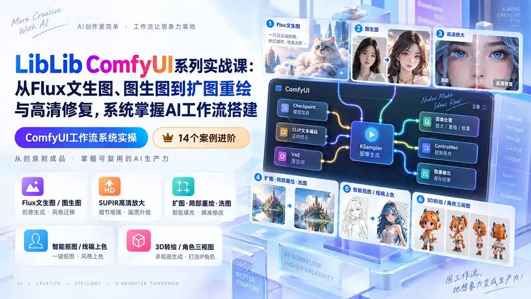 LibLib ComfyUI系列实战课：从Flux文生图、图生图到扩图重绘与高清修复，系统掌握AI工作流搭建-初创源码资源站