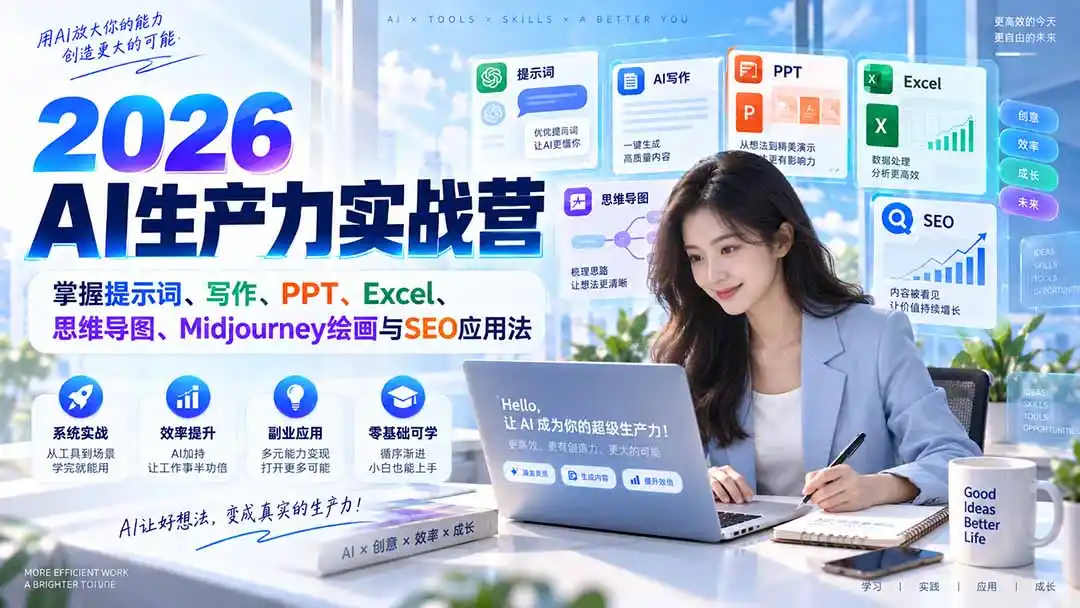 2026AI生产力实战营：掌握提示词、写作、PPT、Excel、思维导图、Midjourney绘画与SEO应用法-初创源码资源站