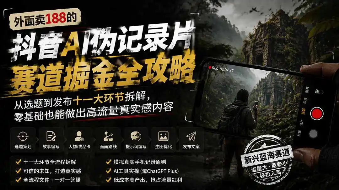 外面卖188的抖音AI伪记录片赛道掘金全攻略；从选题到发布十一大环节拆解，零基础也能做出高流量真实感内容-初创源码资源站