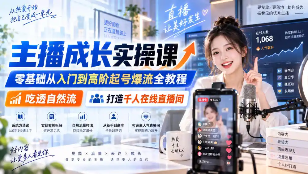 主播成长实操课｜零基础从入门到高阶起号爆流全教程，吃透自然流，打造千人在线直播间-初创源码资源站