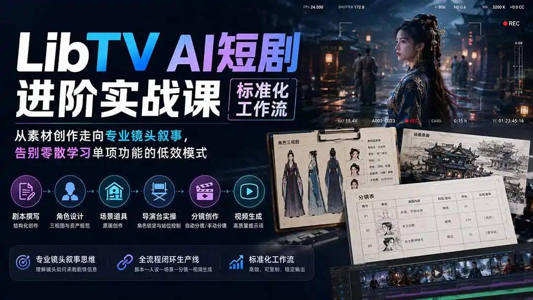 LibTV AI短剧进阶实操课标准化工作流；从素材创作走向专业镜头叙事，告别零散学习单项功能的低效模式-初创源码资源站