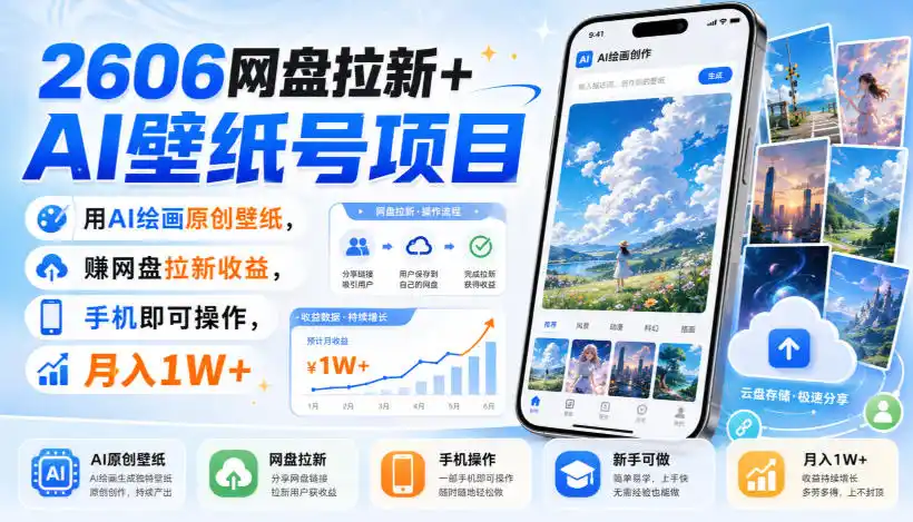 2606网盘拉新+AI壁纸号项目，用AI绘画原创壁纸，賺网盘拉新收益，手机即可操作，月入1W+-初创源码资源站