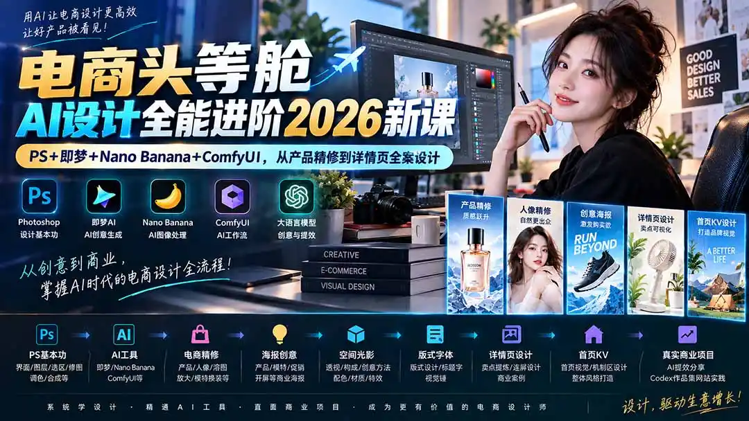 电商头等舱AI设计全能进阶2026新课：PS+即梦+Nano Banana+ComfyUI，从产品精修到详情页全案设计-初创源码资源站