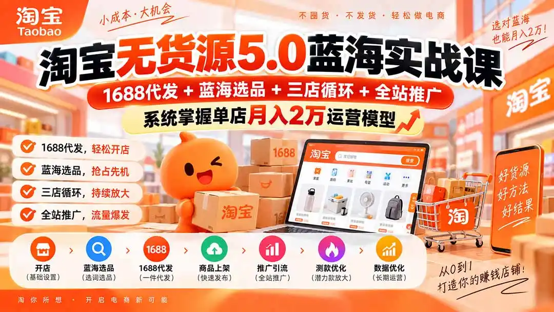 淘宝无货源5.0蓝海实战课-更新：1688代发+蓝海选品+三店循环+全站推广，系统掌握单店月入2万运营模型-初创源码资源站